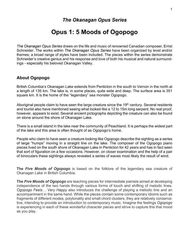 Okanagan Opus 1: 5 Moods of Ogopogo (PDF Download)