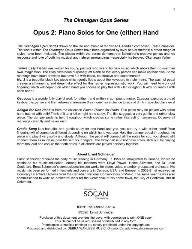 Okanagan Opus 2: Piano Solos for One (either) Hand (PDF Download) by Ernst Schneider