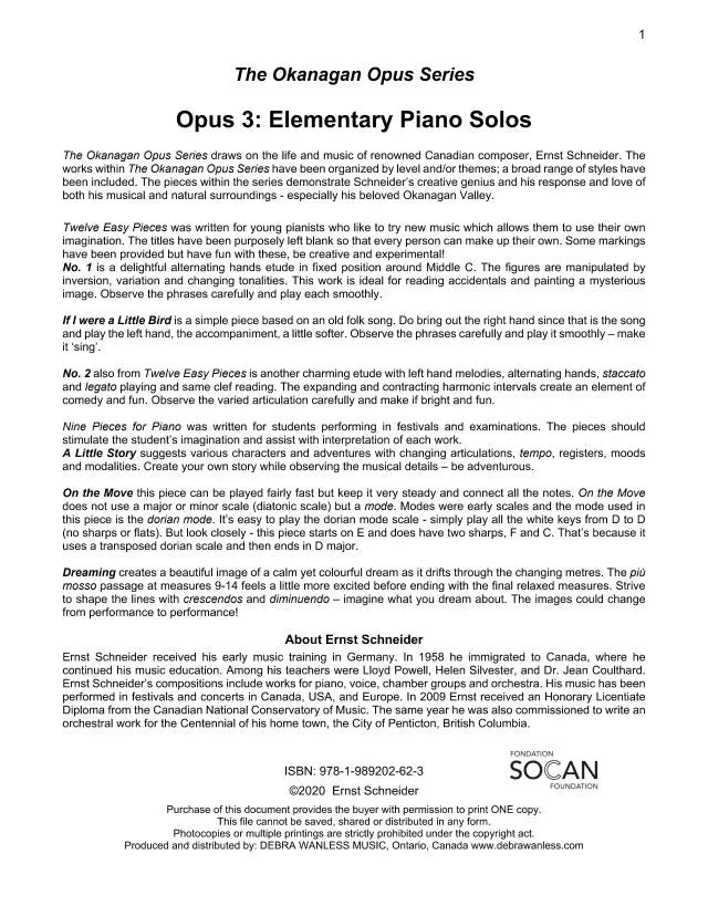 Okanagan Opus 3: Elementary Piano Solos (PDF Download) by Ernst Schneider