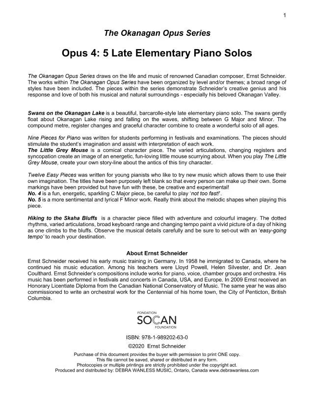 Okanagan Opus 4: Late Elementary Piano Solos (PDF Download)