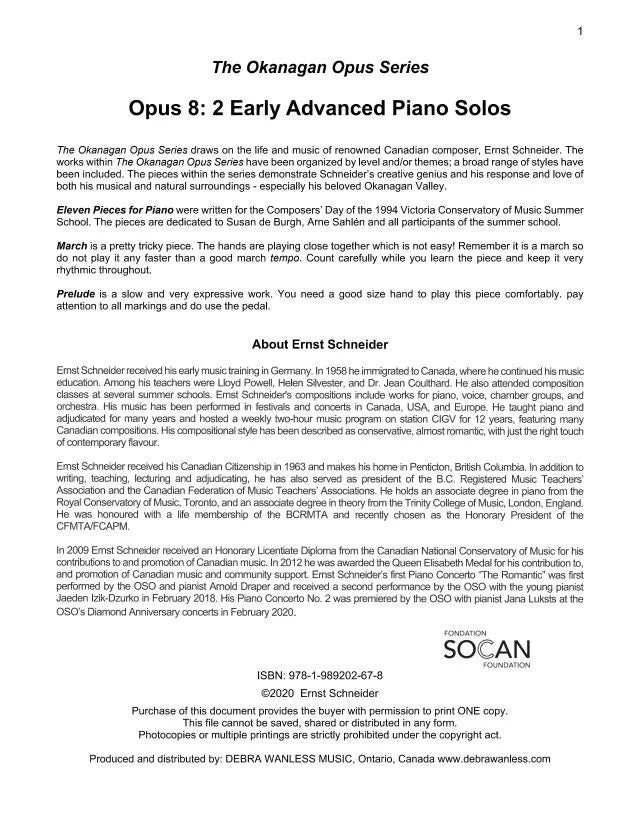 Okanagan Opus 8: Early Advanced Piano Solos (PDF Download)